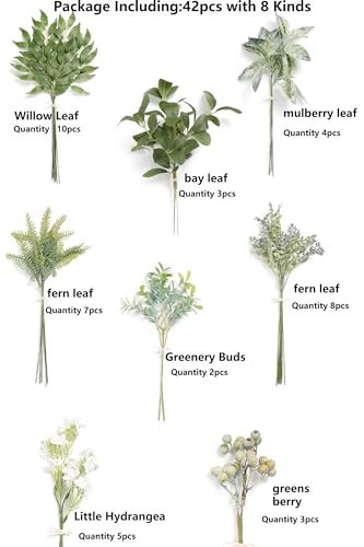 Serra Flora Artificial Greenery Stems Box Set,(Pack of 42pcs) with 8 Kinds of Faux Pink Green Filler for DIY Bridal Bouquets Wedding Floral Arrangement Table Centerpieces