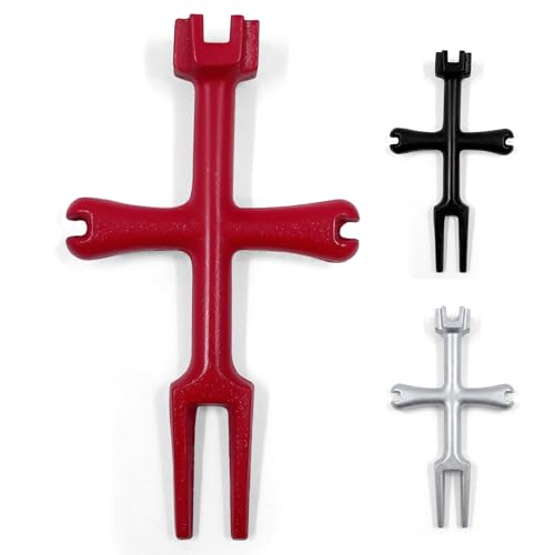 4-Sided Pop-Up Drain Strainer Wrench – Heavy Duty Bathtub & Shower Tray Plumbing Tool for Installing & Removing Sink Pop-Up Plugs & Drain Spuds – Universal Fitment Key (Silver/Red/Black) (Red)