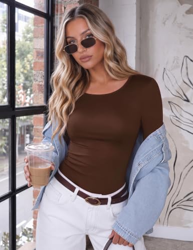Ekouaer Long Sleeve Shirts for Women Scoop Neck Tight Slim Basic Fitted Top - image 2