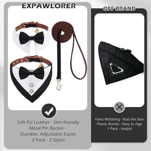 Image of EXPAWLORER Dog Collar and Leash Set - Dog Tuxedo Wedding Outfit Puppy Collar with Suit and Tie, Cute Ring Bearer in Tux Bow and Bandana Design, Proposal Costume for Small Pets