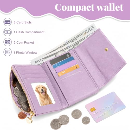 Image of PALAY Wallet for Woman Purple Leather Mini Purse Blocking Trifold Small Wallet with ID Window and Zipper Coin Pocket Casual Pure Color Coin Purse for womenfor Everyday Use
