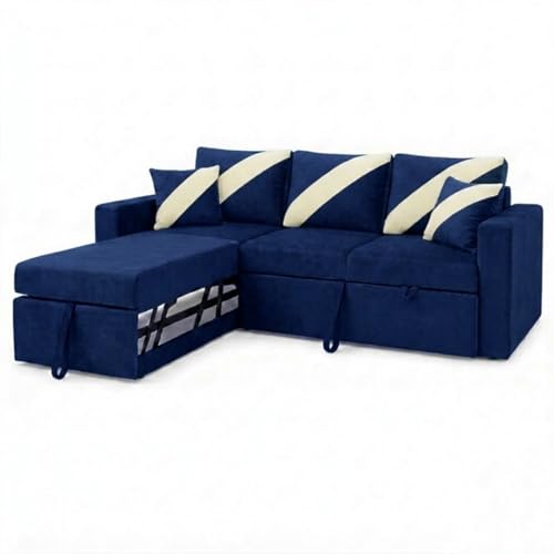 Image of FURNY Trivia 4 Seater LHS Lounger Sofa Cum Bed (Dark Blue) with Pull-Out Function | Luxury Velvet Suede Finish | Durable Comfort | Ideal for Living Room