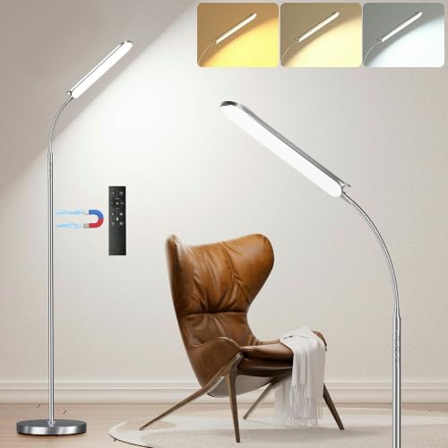 Image of Dimmable LED Floor Lamp, Super Bright Reading Lamps Floor Standing lamp with Remote & Touch Control, Stepless Dimming & 2700K-6500K Color Temperature, for Living Room Bedroom Office, Nickel Plating