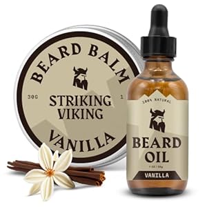 Striking Viking Beard Oil & Balm for Men – 2 Pack, 1 Oz Each, Vanilla Scent – Men’s Beard Growth Kit – Leave In Conditioner Balm & Serum for Styling & Hydration with Argan & Jojoba Oil