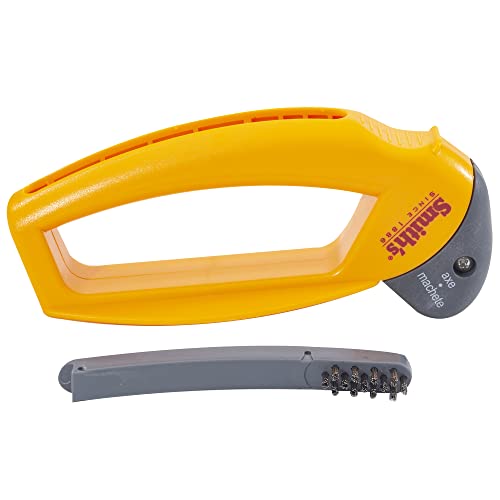 Smith’s 50582 Axe & Machete Sharpener - Axe, Machete, Hatchet, & Mower Tools - Large Handle W/ Finger Guard - Handheld Manual - Replaceable Carbide Blades - Wire-Bristled Cleaning Brush - Durable #TOP7