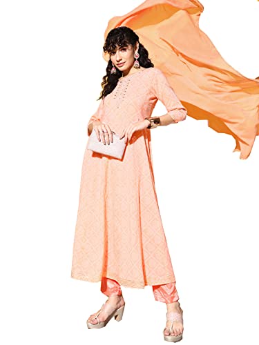 Image of ishin Women's Cotton Blend Peach Embroidered Anarkali Kurta With Dupatta