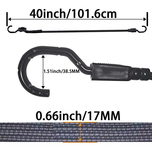 Marrteum 40 Inch Flat Adjustable Bungee Cords With Hooks Heavy Duty Elastic Rope Straps For Camping, Bicycles, Folding Bikes, Luggage. (2 Pcs Gray Black, Plastic Wrapped Steel Hook) #TOP4