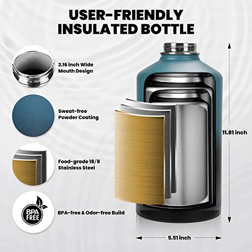 Image of RAYMYLO One Gallon Water Bottle Insulated, Triple Walled Vacuum Stainless Steel (Cold for 48 Hrs), Leak Proof & Non-BPA, Large Water Flask Jug with Paracord Handle & Straw Spout Lids