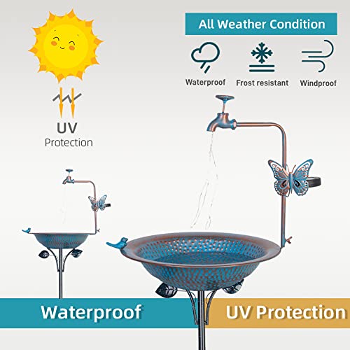 Dreamysoul Outdoor Solar Bird Bath, 3" Deep Bird Bath With 5-Prong Metal Stake, Antique Blue Faucet Solar String Light Birdbaths For Garden Yard Lawn Decorations #TOP7