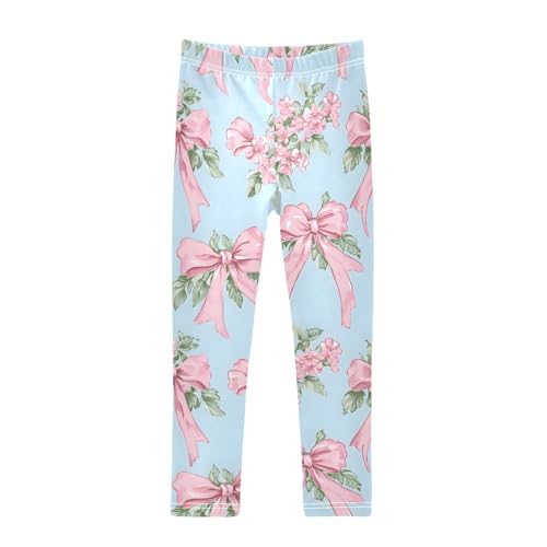 Elegant Bow Pink Flower Girls Leggings Soft Stretch Workout Yoga Dance Pants for Kids Casual Tights