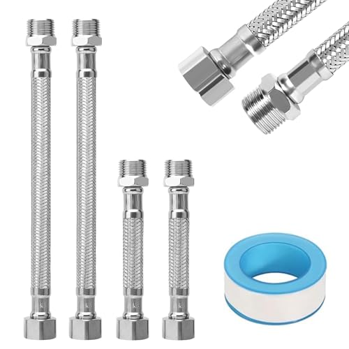 Flexschlauch 3/8, 4 Stück 304 Edelstahl Flexschlauch Panzerschlauch 3/8 Zoll mit Dichtungsband, Flexibler Armaturenschlauch Verlängerung für Wasserhahn für Wasserhahn Bad WC(20cm/10cm)