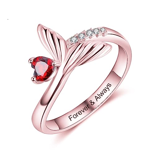 10K 14K 18K Solid Gold Mermaid Tail Ring for Women Personalized, Custom Dolphin Tail Bands with Birthstone Engraved Jewelry Gift for Engagement Mother's Day Christmas Birthday