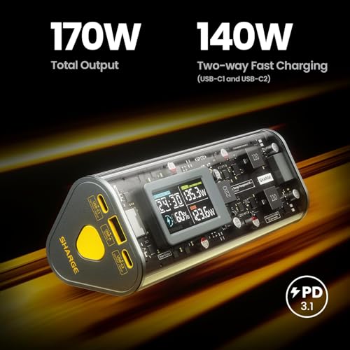 SHARGEEK 170 Power Bank, 140W PD3.1 Portable Charger 24,000mAh/ 86.4Wh High Capacity with Smart Display, 170W Total Output Battery Pack for Laptop MacBook Pro iPhone 17/16/15/14 Series