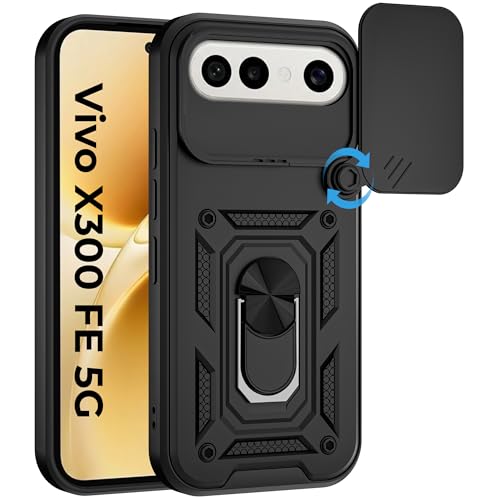 Image of A rtistque Armor Bumper Back Cover Case for Vivo X300 FE 5G | Ring Holder Stand | Sliding Camera Protection | Shockproof Heavy Duty Design | Vivo X300 FE Back Cover - Black