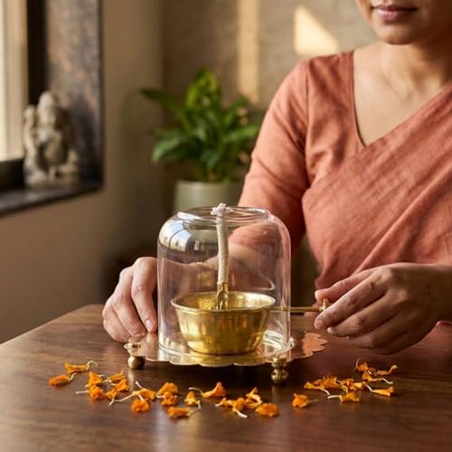 Image of eCraftIndia Akhand Diya with Glass Cover & Adjustable Bati | Decorative Oil Lamp for Home Mandir, Pooja Room & Festivals | Traditional Deepak for Aarti | Gift for Housewarming