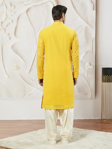 Image of VASTRAMAY Men Men's Yellow Georgette Kurta Patiala And Dupatta Set