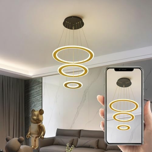 Image of 3 Ring Modern LED Chandelier Ceiling Lamp | Gold Finish Pendant Light with 3 Color | Decorative Chandelier for Living Room, Dining Room, Bedroom, Restaurants & Cafe Interior, Home & Office