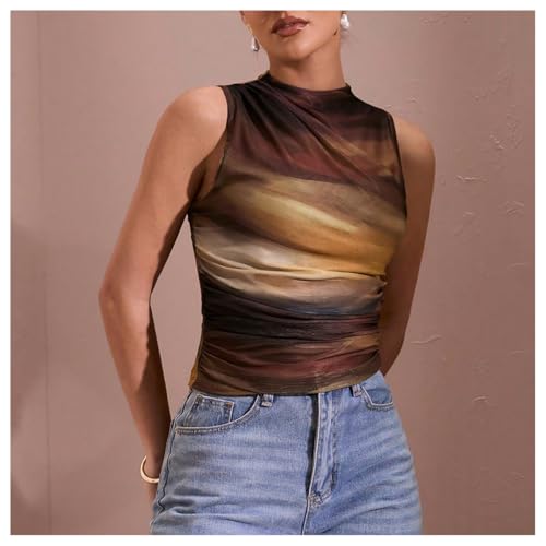 GORGLITTER Women's Sleeveless Mock Neck Tops Tie Dye Ruched Tank Top Going Out Tops3