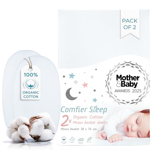 Image of Moses Basket Sheet 30x76cm - 2 pcs White Organic Cotton Pram Sheets Fitted