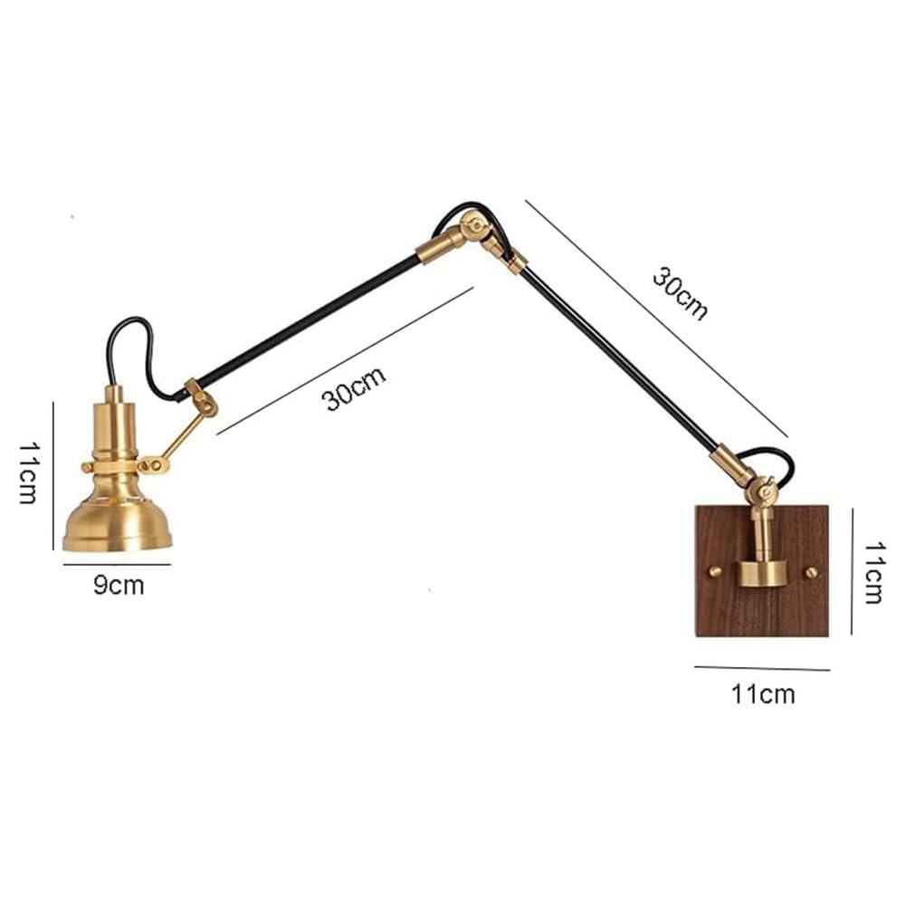 Holz Retro Wandleuchte Verstellbar Langer Arm mit Schalter, Messing Wandlampe Innen Schwenkarm Wand Leselampe, Flexible Drehbar Wandbeleuchtung Gold Rustikale Wohnzimmerlampe 30cm+30cm