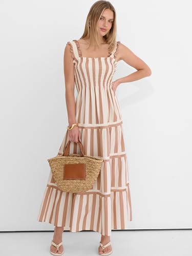Image of Caracilia Womens Summer Maxi Dresses Floral Smocked Sleeveless Ruffle Boho Casual Flowy Aline Beach Vacation Long Sundress