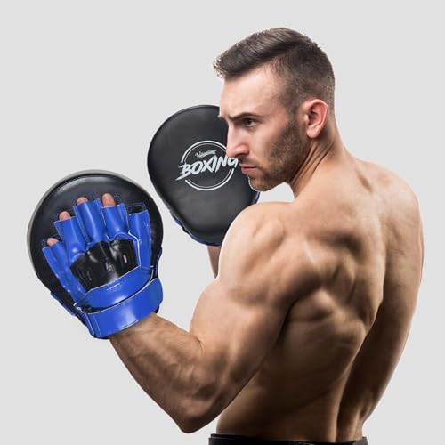 Image of Valleycomfy Boxing Curved Focus Punching Mitts- Leatherette Training Hand Pads,Ideal for Karate, Muay Thai Kick, Sparring, Dojo, Martial Arts(Blue)