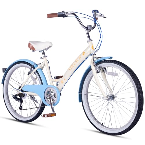 vollsch 24 Inch Hybrid 6-Speed Beach Cruiser Bike for Girls Ages Over 8 Years Old Kids Bicycle with Dual V-Brakes Adjustable Seat Blue Fenders