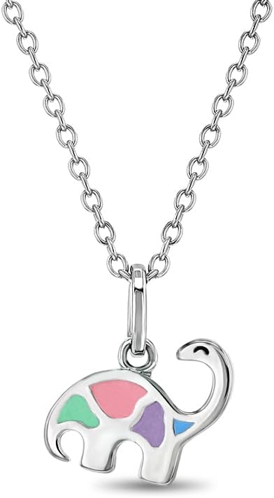 925 Sterling Silver Multicolor Enamel Dinosaur Pendant Necklace for Girls 16" - Petite Dino Necklace for Dinosaur Loving Girls - Unique and Fun Pendant Necklace for Little Girls and Preteens