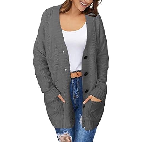 ANDLCUY Women's Long Sleeve Cardigan Sweater - Button Down Open Front Cable Knit Sweater Coat Outwear with Pockets Dark Grey Cover