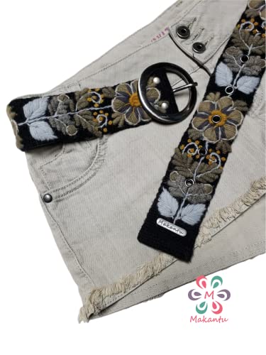 Embroidered Belt, Wool Peru Belt, Handmade Embroidery, Black Strap, Grey Beige Flower, Artistic Floral Ethnic Belt, Woman Gift, Xs, S, M, L, Xl #TOP4