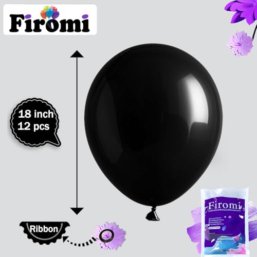Image of Firomi Black Balloons 18-inch 12 Pack Large Thicken Helium (with 1 Ribbon) | Big Black Latex Balloon Round for Wedding Birthday Party