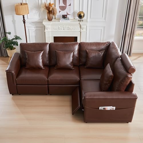 Image of RARZOE Faux Leather Sectional Sofa with Power Recliner, L Shaped PU Leather Reclining Couch with Headrest, 4 Seater Oversized Modular Reclining Couches for Living Room, Brown
