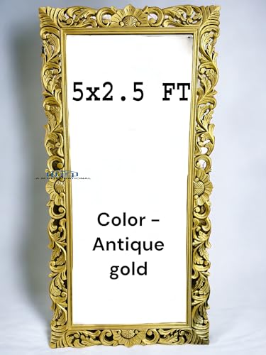 Image of Hand-Carved Wooden Mirror Frame for Wall Decoration | Wall Mount Frame for Bedroom & Living Room | Solid Mango Wood | Antique Gold Finish | 5 x 2.5 Ft | Mirror Not Included