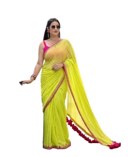 RAJESHWAR FASHION WITH RFWomen's Fancy Desian Ombre Georgette Saree For Women With Latkan Tassels Lace Border & Unstitched Blouse