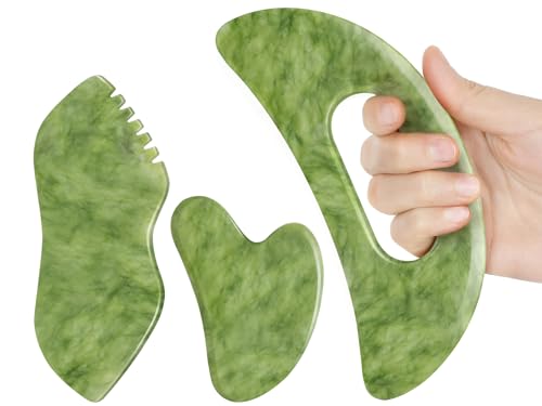 3 PCS Jade Stone Gua Sha Set Face Massager, Body Gua Sha Tool, Jade Gua Sha Facial Tools, Large Guasha Tool For Body, Face, Anti Cellulite, Lymphatic Drainage, Muscle Scraper, Valentine's Day Gifts