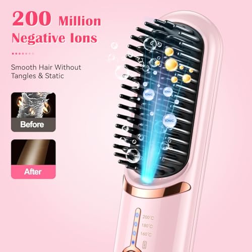 Image of Hatteker Cordless Hair Straightener Brush, Portable Hair Brush for Travel