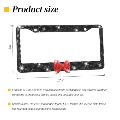 Norkmdi Bling Bow Car License Plate Frame, 2PCS Sparkly Rhinestone Vehicle License Plate Cover for Women Girls, Diamond Automotive Front Rear Number Tag Holder, Universal for SUV RV (Black/Red)