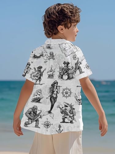 Image of THE PIRATE KING Funny Pirate Hawaiian Shirt Boys Girls Beach Tropical Casual Short Sleeve Button Down Shirt for 5-14 Years