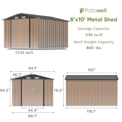 Image of Patiowell 8x10 FT Outdoor Storage Shed, Large Garden Tool Metal Shed with Sloping Roof and Double Lockable Door, Outdoor Shed for Backyard Garden Patio Lawn, Brown