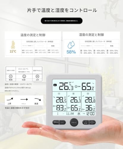 BtcFuデジタル温度湿度計 ワイヤレス 3センサー 室外室内兼用 高精度 LCD大画面 バックライト付き 時計カレンダー 温湿度超限警報 最高最低記録 快適レベル表示 傾向グラフ 置き掛け両用 ホーム (黒) [2]