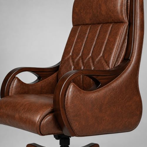 Image of LAKDI Furniture Premium Executive Office Chair for Home & Office | Leatherette Upholstery | Wooden Armrest & Base | High Back Ergonomic Revolving Chair with Wheels | 5 Year Warranty | Free Assembly
