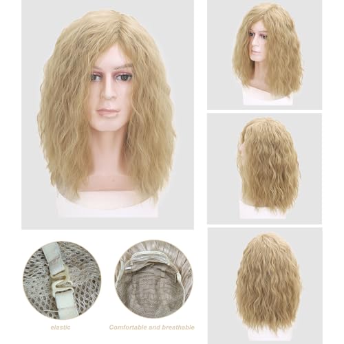 TSHAOUN Mens Blonde Wig Mid Length Curly Hair, Mens Wig for Adult, 16’’/40 cm Pop Rocking Dude Wigs for Men, Handsome Mens Cosplay Wigs for 70s 80s Fancy Dress Daily Costume Party Halloween (Blonde) - Image 5