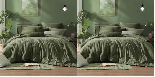 Image of Monbix Queen Comforter Set - 7 Pieces Cationic Dyeing Olive Green Bed in a Bag Queen Bedding Sets with Comforter, Sheets, Pillowcases & Shams, Reversible Bedding Comforters Sets (Pack of 2)