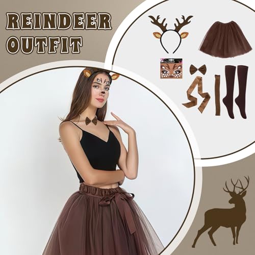 ALONK Damen Geweih Kostüm Set, Kaffee Tüllrock + Geweih Haarreif + Lange Socken + Gürtel + Rentier Gesichtstattoos, Reh-Kostüm für Fasching, Karneval & Mottoparty, Festliche Accessoires