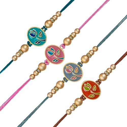 Image of eCraftIndia Beautiful Floral Designer Rakhi Set of 4 | Rakhi for Brother Bhaiya Bhai with Best Bro Ever Fridge Magnet | Roli Chawal Pack
