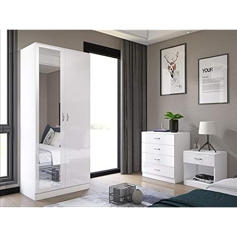 Harmin Mirrored High Gloss 3 Piece Bedroom Furniture Set - Soft Close Wardrobe, 4 Drawer Chest, Bedside Cabinet (White on White) Cover