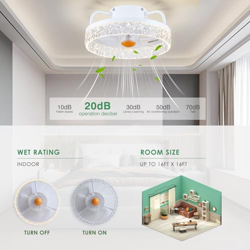 Image of White Ceiling Fans with Lights and Remote - Low Profile Flush Mount Ceiling Fans - 13 inch Modern Bladeless Enclosed Ceiling Fans with Led Light and Stepless Dimming, White Small Ceiling Fan for Bedroom
