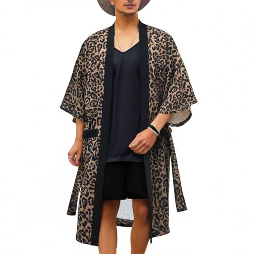 HZCX FASHION Mens Lightweight Leopard Print Bath Robe Crane Kimono Shirt Long Beach Cover Up Open Front Cardigan With Belt(Leopard,Small)