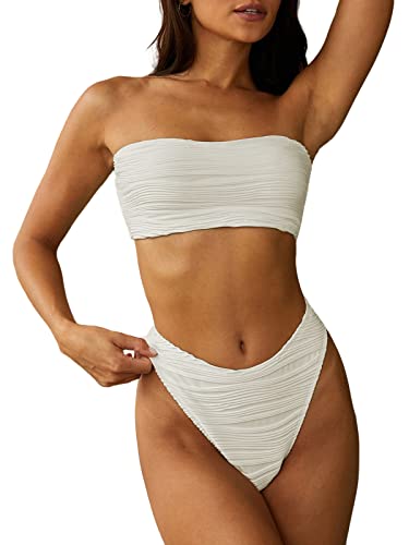 ZAFUL Women Strapless Textured Bandeau Bikini 2 Piece Swimwear Cheeky Solid Lace up Bathing Suits