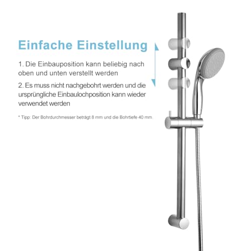 OFFO Duschstange 60 cm, Edelstahl Brausestange 60cm mit Duschkopfhalterung, Segmentiert Brausestange Verstellbar Abstand 28 bis 61cm, Chrom